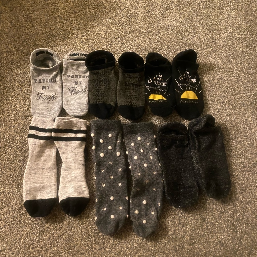 Pure Barre Sticky Socks - Six Pairs (6) Small. Various degrees of wear and tear.